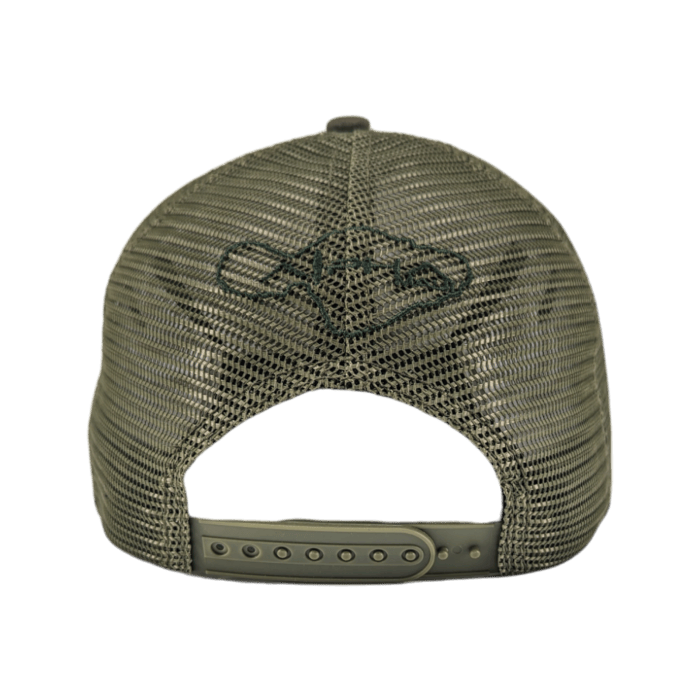 The Alpha Maui Kahmani green mesh trucker hat is shown from the back. Perfect for beach apparel, the hat features an adjustable snapback closure and a black embroidered design on the mesh, bringing a touch of Hawaii to your outfit.