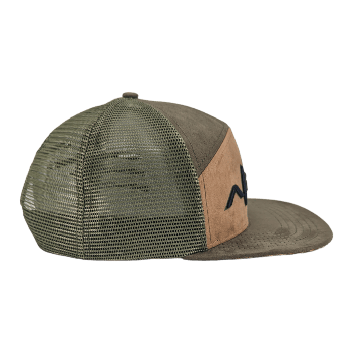 The Alpha Maui Kahmani is an olive green trucker hat featuring a mesh back and solid front panel. Its curved peak boasts wave-like stitched lines, making it ideal for beachwear. This hat exudes rugged, outdoorsy Aloha vibes by Alpha Maui.