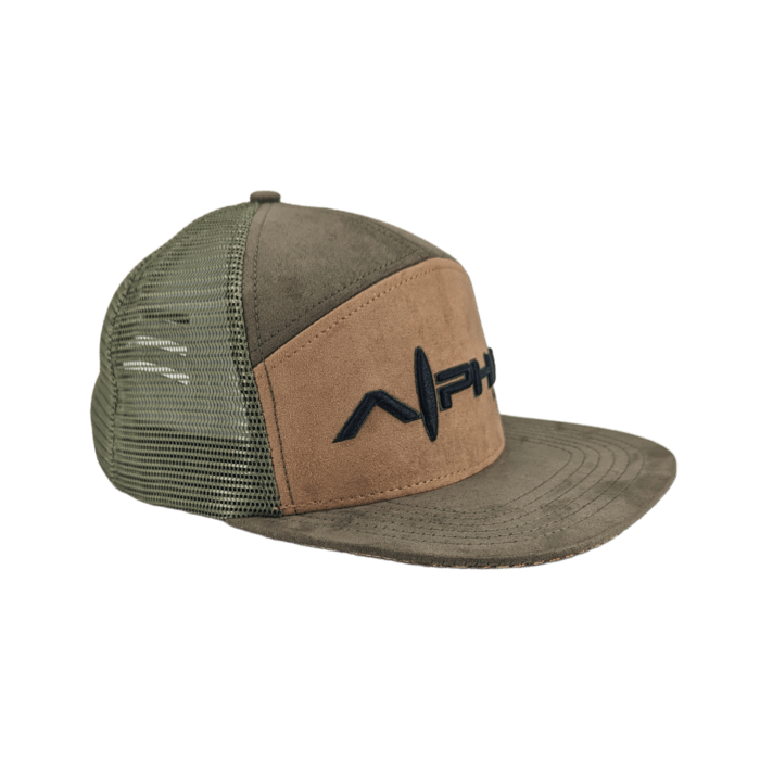 The Alpha Maui Kahmani is a green and brown trucker hat featuring a mesh back and a solid front panel that displays the words "Alpha Maui" in stylized, black text. The brim is also green, matching the mesh back. Perfect for beach apparel, this hat has a casual, rugged appearance.