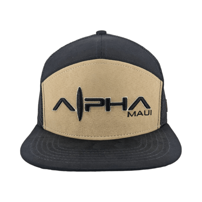 The Alpha Maui Kahmani trucker hat features a beige front panel embroidered with the brand name "Alpha Maui," which contrasts with its black bill and mesh back. The stylish "Alpha" text includes a wave design, making it an ideal accessory for beachwear in Hawaii.