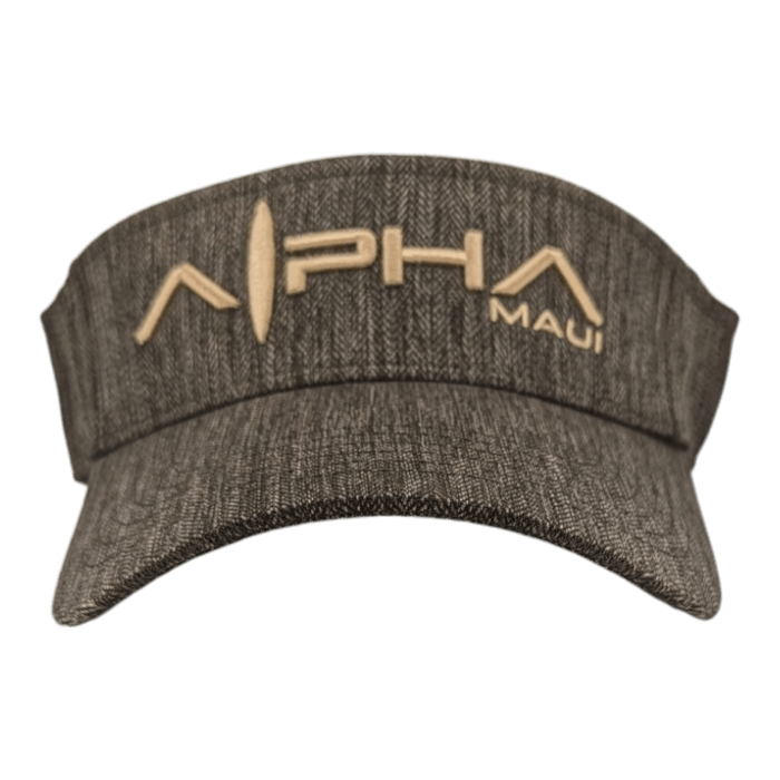 The Alpha Maui Mauka is a gray fabric visor cap featuring the embroidered text "Alpha Maui" on the front in beige, with the "L" in "Alpha" stylized like a surfboard. This perfect beach apparel piece embodies the Aloha spirit and boasts a transparent background.