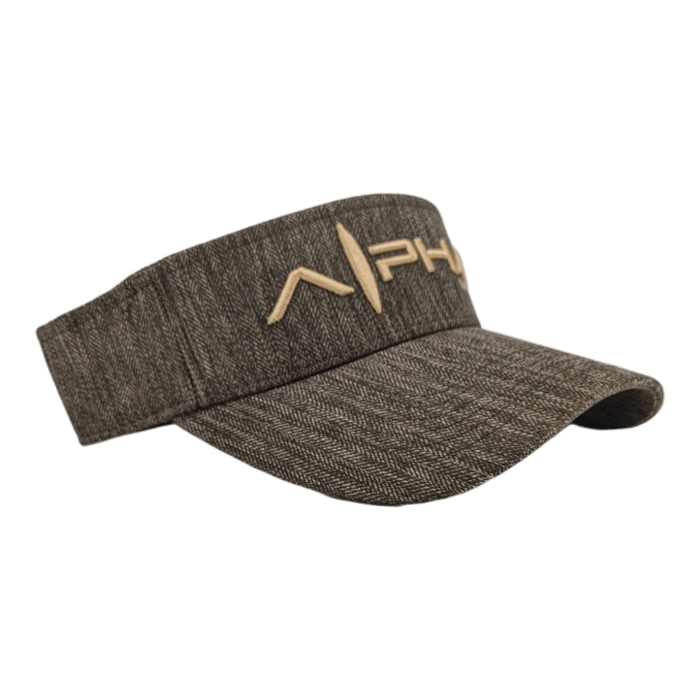 The Alpha Maui Mauka is a grey visor cap with a textured pattern. The front band features "Alpha Maui" embroidered in beige, encapsulating the relaxed essence of beach apparel. The slightly curved visor is set against a black backdrop.