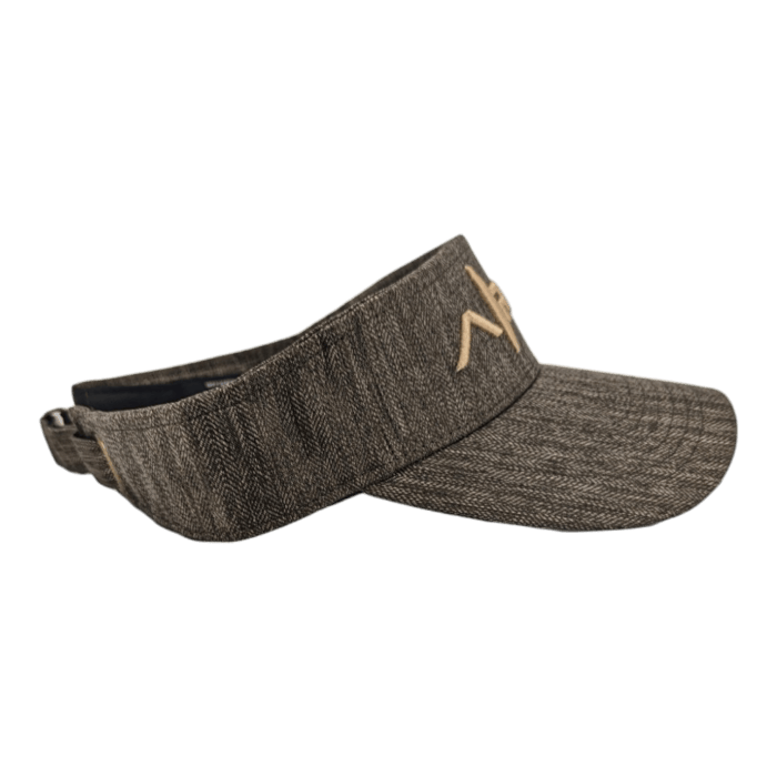 Introducing the Alpha Maui Mauka, a brown, textured fabric visor featuring an embroidered Ohana logo on the front. Perfect for beach apparel, this visor includes an adjustable strap at the back for a custom fit. The stylishly stitched logo on the front panel showcases contrasting colors and reflects a touch of Hawaii.