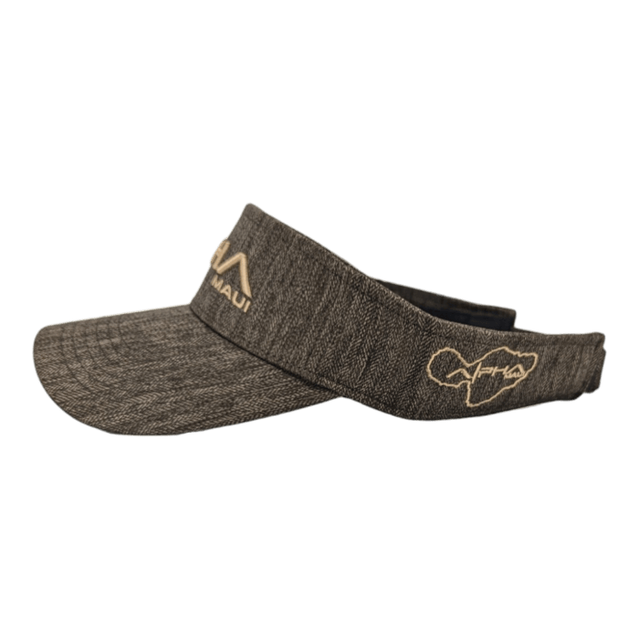 The Alpha Maui Mauka is a gray visor hat featuring an embroidered outline of the Hawaiian Islands on the side and "Maui" alongside a stylized mountain design on the front band. This textured, heathered hat radiates Aloha spirit and is perfect for your beach apparel.