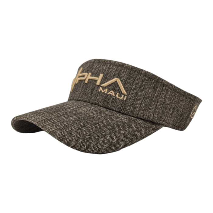 The Alpha Maui Mauka is a gray visor cap featuring a textured fabric design. The front of the cap showcases beige embroidery that reads "Alpha Maui," with a stylized 'A' forming a peak. Perfect for beach apparel, the side of the cap also includes an additional small embroidered graphic to complete your laid-back look.