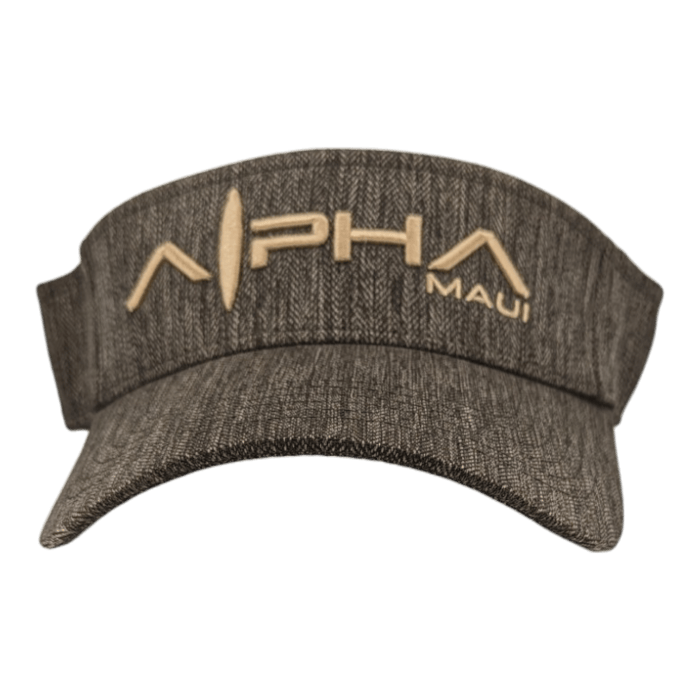 The Alpha Maui Mauka is a dark grey fabric visor cap with "Alpha Maui" embroidered in beige lettering on the front. Ideal for beachwear, this cap features a curved brim and an adjustable strap at the back.