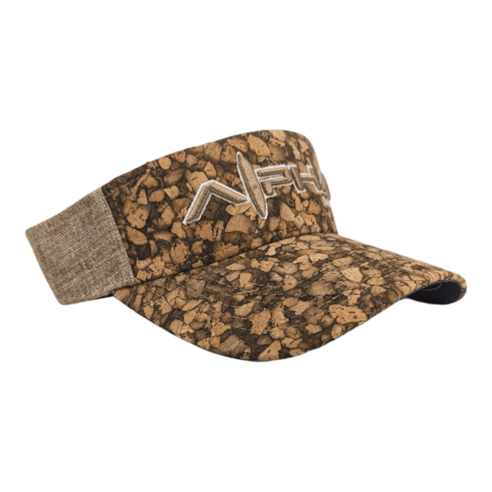 The Alpha Maui Mauka is a brown cork-patterned visor cap featuring a beige elastic band at the back. The front is adorned with an embroidered "AFH" logo in white. Ideal for beachwear, this visor has a flat top and a slightly downward-curving brim, making it the perfect accessory from Alpha Maui's Aloha collection.