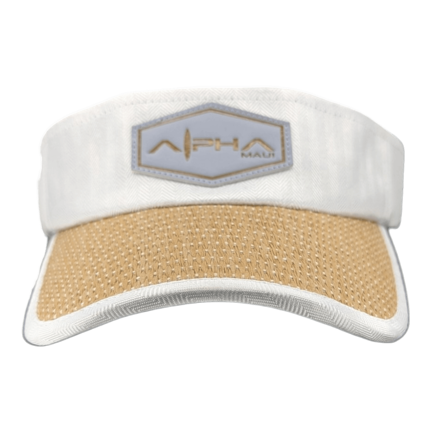 The Alpha Maui Mauka visor showcases a white band and beige woven brim, adorned with a gray patch on the front. The patch displays the text "Alpha Maui" accompanied by a wave graphic above it, perfectly capturing the Aloha spirit of Hawaii.