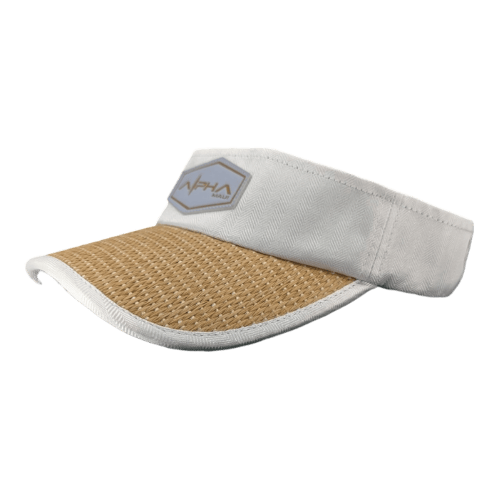 The Alpha Maui Mauka visor, featuring a white band and a beige woven straw brim, is shown on a white background. The white band boasts a hexagonal patch with gray details and text, evoking an Aloha spirit straight from Hawaii.