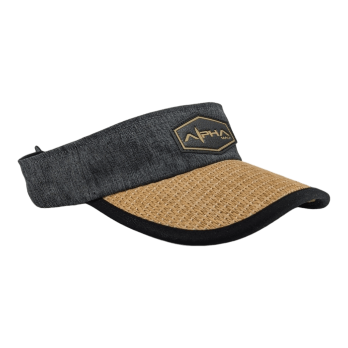 The Alpha Maui Mauka is a stylish cap that combines the vibe of Alpha Maui with a black fabric band and a brown woven visor. The front of the band showcases a hexagonal patch with "Alpha" embroidered on it. Ideal for beachwear, the visor features a subtle curve, and the cap's band includes an adjustable strap at the back.