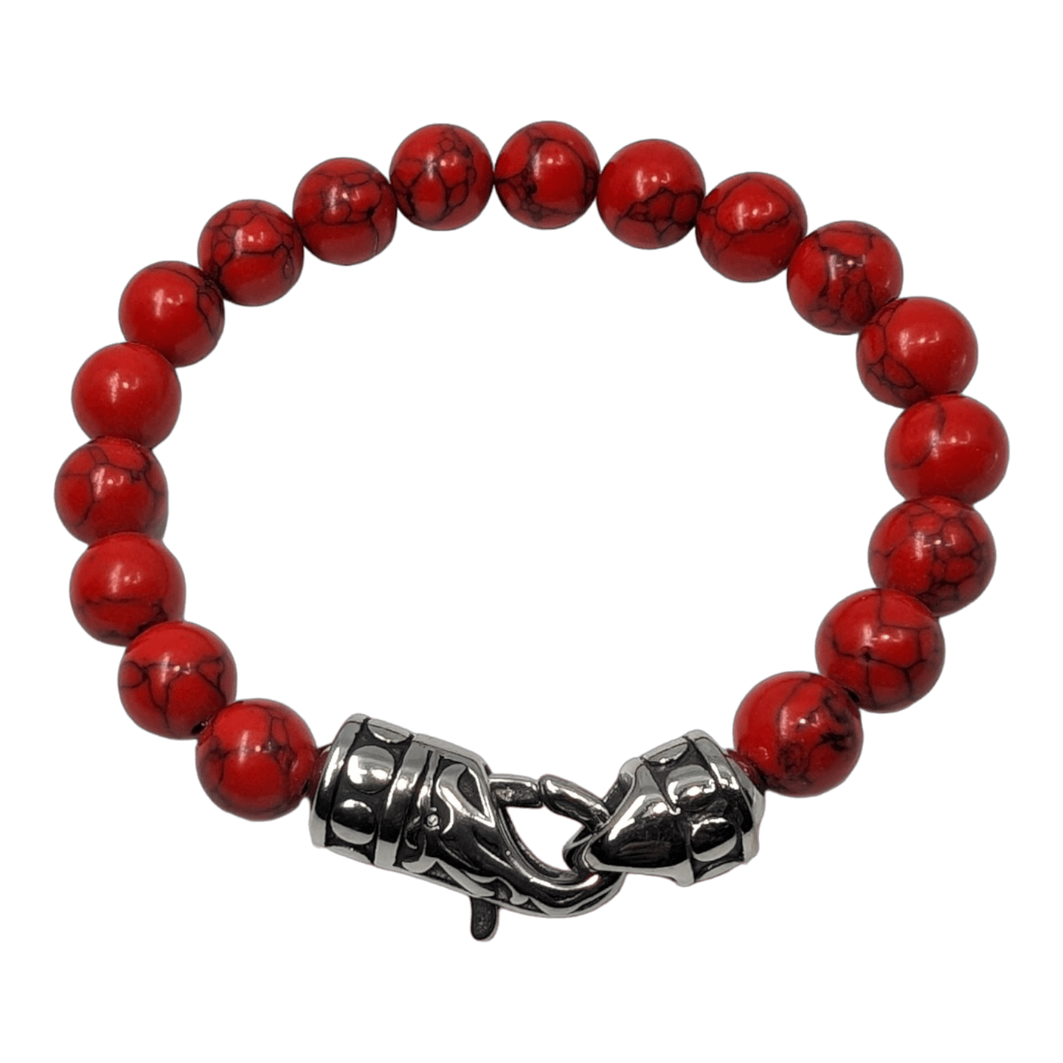 The Alpha Maui Tigerlet Glossy is a stunning round beaded bracelet adorned with red marbled beads, elegantly strung together and finished with an ornate silver lobster clasp shaped like a dragon's head, showcasing intricate detailing that evokes the exotic allure of Hawaii in every detail.