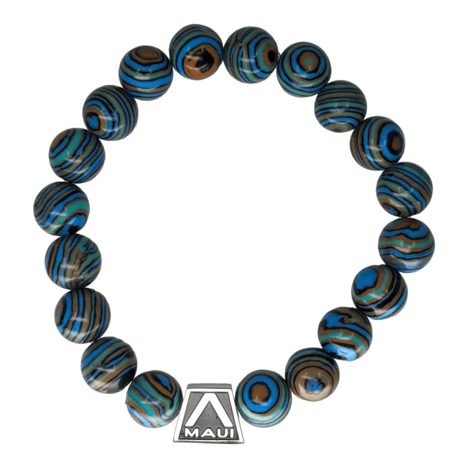 The Alpha Maui Tigerlet Glossy is a stylish bracelet made of round beads with blue, black, and brown swirls. It features a metallic silver triangular charm engraved with the words "Alpha Maui." The black background accentuates the vibrant colors of the beads.