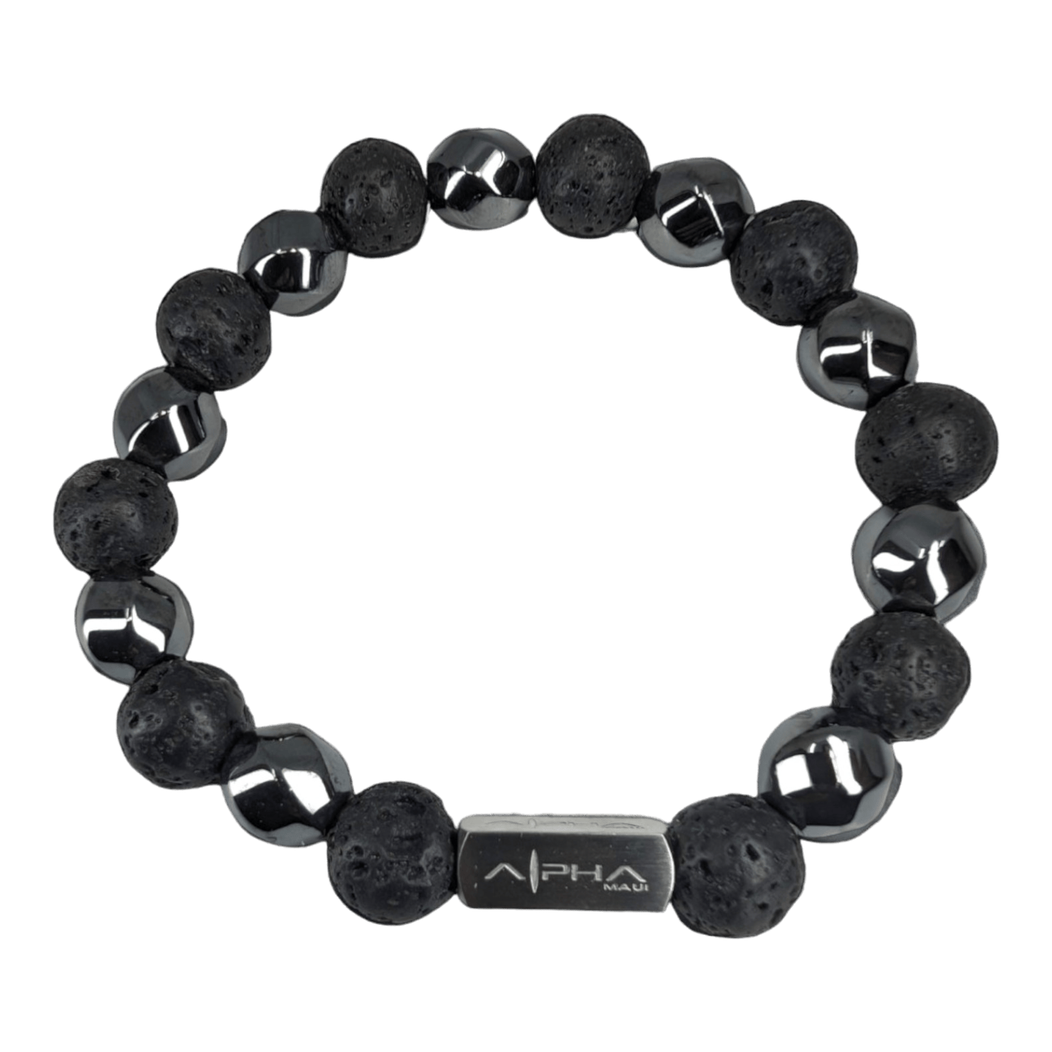 Introducing the Alpha Maui Tigerlet Glossy: a stone bead bracelet with alternating black lava beads and metallic silver beads, ideal for beachwear. It features a rectangular metal clasp engraved with "APHA," showcasing Alpha Maui's superior craftsmanship. The bracelet is displayed against a plain black background.