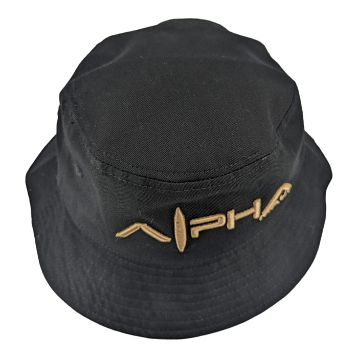 A black bucket hat with the word "Alpha" embroidered in beige on the front. The hat has a flat top and downward sloping brim, with stitching details visible around the crown and brim. Perfect for your beach apparel, this stylish piece makes "Ohana" feel complete wherever you go.