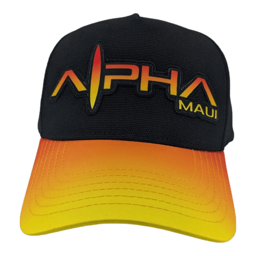 The Alpha Maui U'i Tank features a sleek black design with a striking gradient from yellow to orange. The word "Alpha" is prominently embroidered in large, gradient-colored letters on the front, accompanied by the word "Maui" in smaller, vibrant yellow letters beside it. Ideal for expressing your Aloha spirit and passion for Hawaii's Ohana culture.