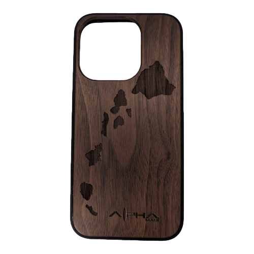 The Alpha Maui iPhone 15 Case is a wooden phone case with a cutout for the camera. It features an engraving of the Hawaiian Islands and the word "Aloha" beneath a heart rate line, perfectly capturing the spirit of Hawaii. The natural wood grain offers an authentic look and feel, making it ideal for anyone who loves Alpha Maui vibes.