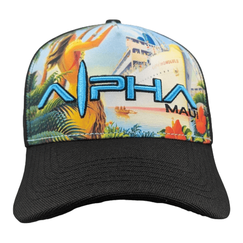 A vibrant and eye-catching tank top named "Alpha Maui U'i Tank," adorned with a tropical island design showcasing a hula dancer, lush foliage, and a cruise ship in the background. The words "Alpha Maui" are prominently displayed in blue and white on the front. Ideal for beachwear, this tank top offers both style and comfort.