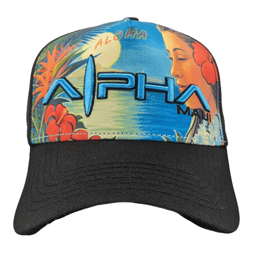 A tank top with a colorful Hawaiian theme. The front panel features the text "Aloha" and "Alpha Maui" with a surfboard design and an illustration of a woman with flowers in her hair against a sunset background. Perfect beach apparel, the fabric is soft and comfortable. Product name: Alpha Maui U'i Tank.