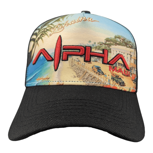 A black Alpha Maui U'i Tank featuring a colorful front panel that depicts a coastal scene with palm trees, buildings, and blue ocean water. The text "Lahaina" is written in the sky area, and "Alpha Maui" is prominently embroidered in red letters across the front—perfect Hawaii beach apparel for your Ohana.