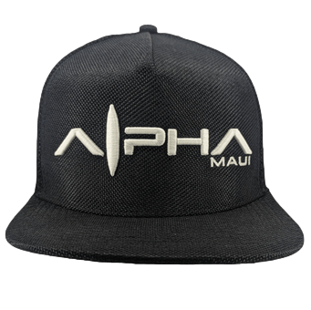 The Alpha Maui Night Glow is a black snapback hat featuring the words "Alpha Maui" embroidered in white on the front. The word "Alpha" is uniquely stylized with a surfboard shape forming part of the letter "A," capturing the essence of beach apparel perfect for your Ohana.