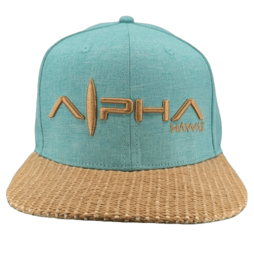 A turquoise tank top with a woven straw-like accent. The front of the tank features the words "Alpha Maui" embroidered in tan, with a surfboard design integrated into the "A" of "Alpha." Perfect for showing your Ohana spirit in Hawaii.