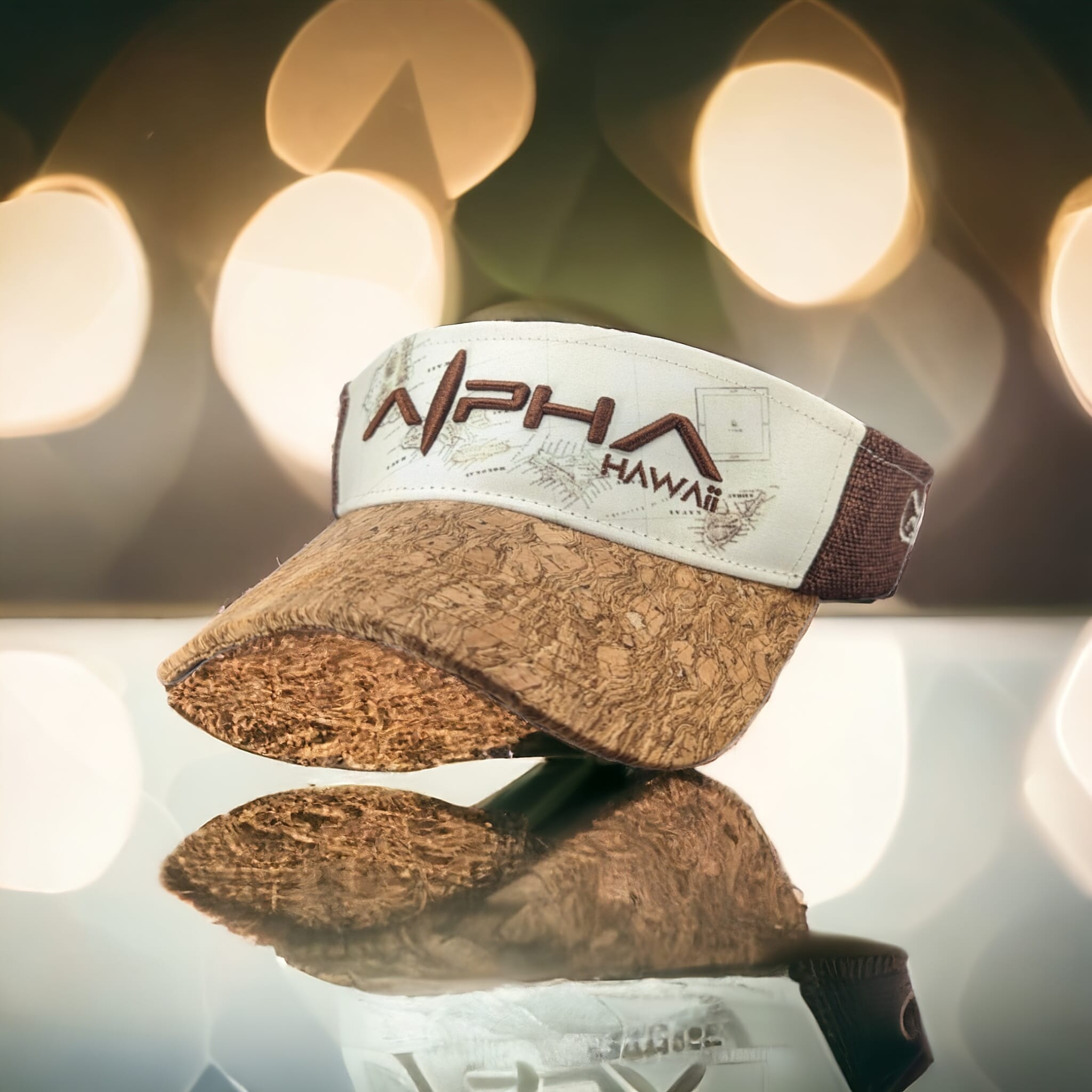 A stylish visor hat with a cork brim and brown fabric, featuring the embroidered text "Aloha Hawaii" on the front. The hat, adorned with a touch of Alpha Maui spirit, is reflected on a shiny surface with a warm bokeh background, creating a visually appealing and serene composition.