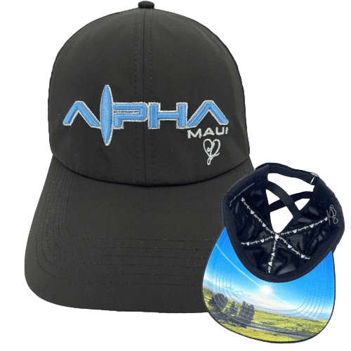 The Alpha Maui U'i Tank is perfect for your beach apparel collection. This black tank top features "Alpha" and "Maui" embroidered in blue and white on the front, along with a small heart symbol. The underside of the bill has a scenic image of a coastal view with green hills, adding a touch of Hawaii's Aloha spirit to your wardrobe.