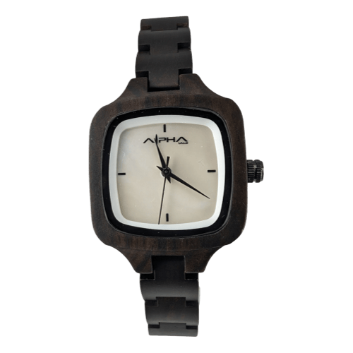 The Alpha Maui The Haleakalā is a minimalist wristwatch featuring a square wooden case and matching wooden band, making it an ideal accessory for your beach attire. Its off-white face showcases simple black hour and minute hands with minimalistic hour markers. The word "Alpha" along with a small logo are stylishly displayed on the face, capturing the relaxed essence of Hawaii and the Aloha spirit.