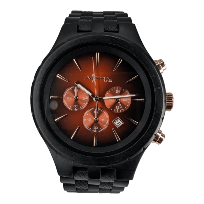 The Alpha Maui The Haleakalā wristwatch features a black, textured strap and a round face. It boasts a gradient brown-to-black dial adorned with three sub-dials, gold hour markers, gold hands, and a small date window at the 4 o’clock position. The brand logo is prominently displayed below the 12 o'clock marker. Perfect for pairing with your favorite beach apparel from Alpha Maui.