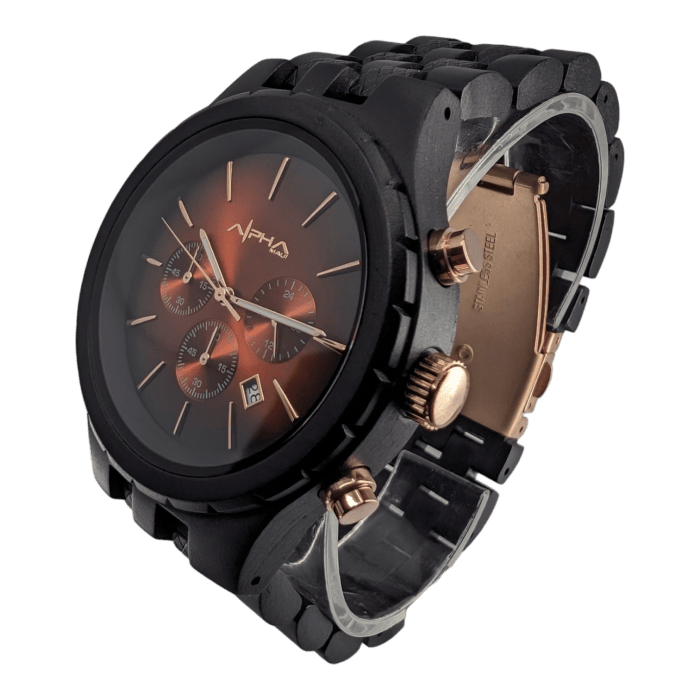 The Alpha Maui The Haleakalā wristwatch features a sleek black design with a dark red dial and rose gold details. It boasts three subdials, a date window at the 4 o'clock position, and is complemented by a metallic black link band.