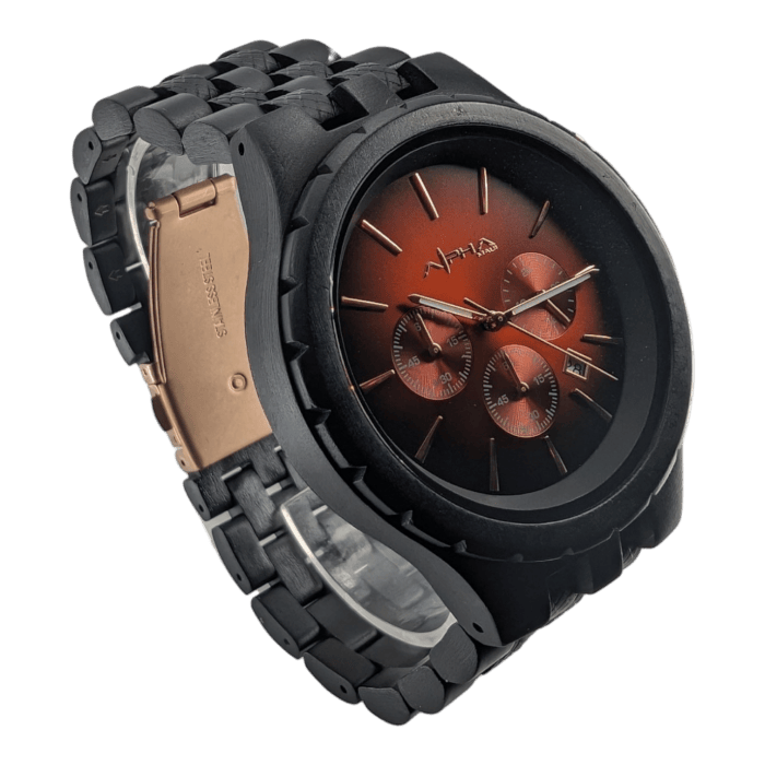 The Alpha Maui The Haleakalā is a stylish black metal wristwatch featuring three dials and a date display on a reddish-brown face. Its sleek black band with a gold-tone clasp perfectly complements your beach apparel, while the brand name "Alpha" is prominently displayed on the watch face.