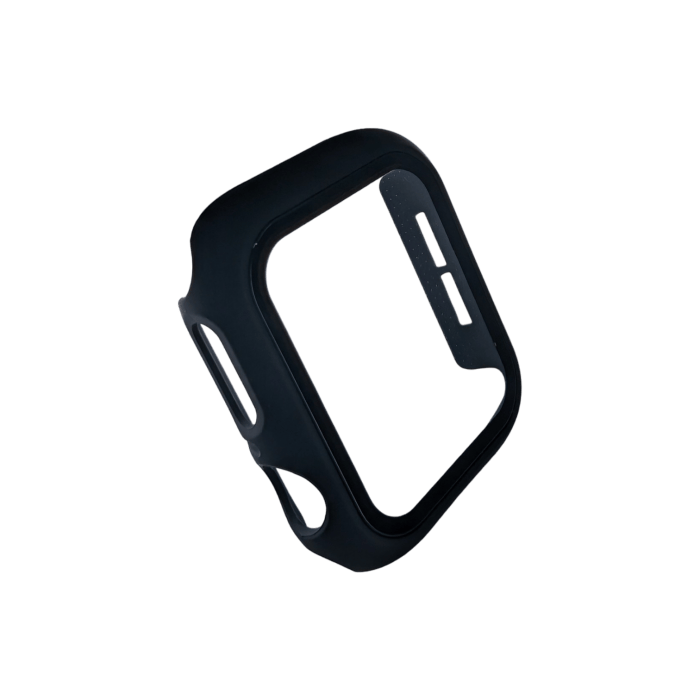 The Alpha Watch Cover (Apple Watches 38mm-49mm) is a black protective case designed for your smartwatch, featuring precise cutouts for the button, crown, and sensor areas. Its smooth, matte finish covers the edges of the watch for added protection. The sleek design against a solid black background perfectly complements your Alpha Maui beach apparel.