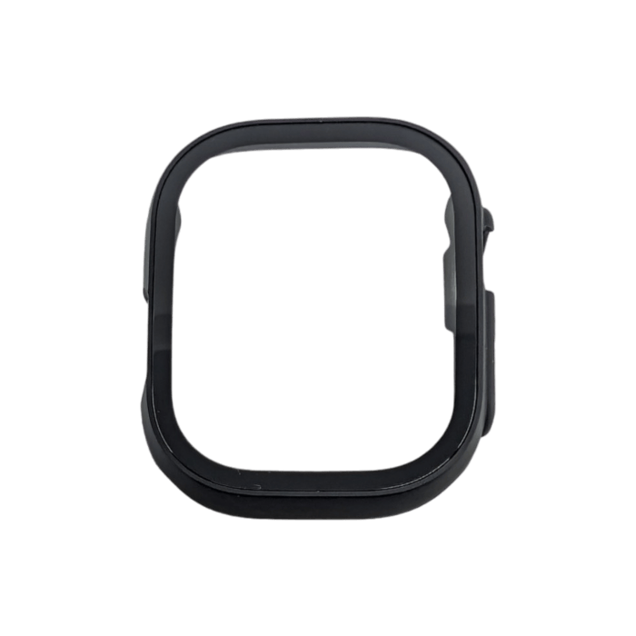 A black, square-shaped Alpha Watch Cover with rounded edges is displayed against a transparent background. Featuring a smooth finish, this piece designed for Apple Watches ranging from 38mm to 49mm appears to be made of durable metal or plastic. Ideal for adding a sleek touch to your smartwatch while complementing beach apparel.