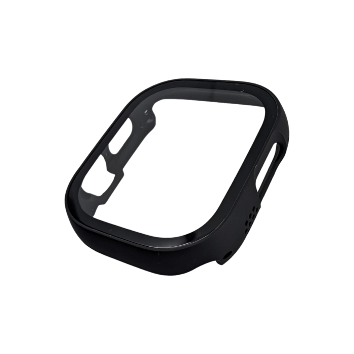 The Alpha Watch Cover for Apple Watches (38mm-49mm) is a sleek, black, rectangular case with curved edges and an attached transparent screen protector. Designed with precision cutouts for the side buttons and speaker opening, this case seems to be made from a durable combination of plastic and rubber materials. Perfectly suited to complement your beach apparel, it features a solid black background.