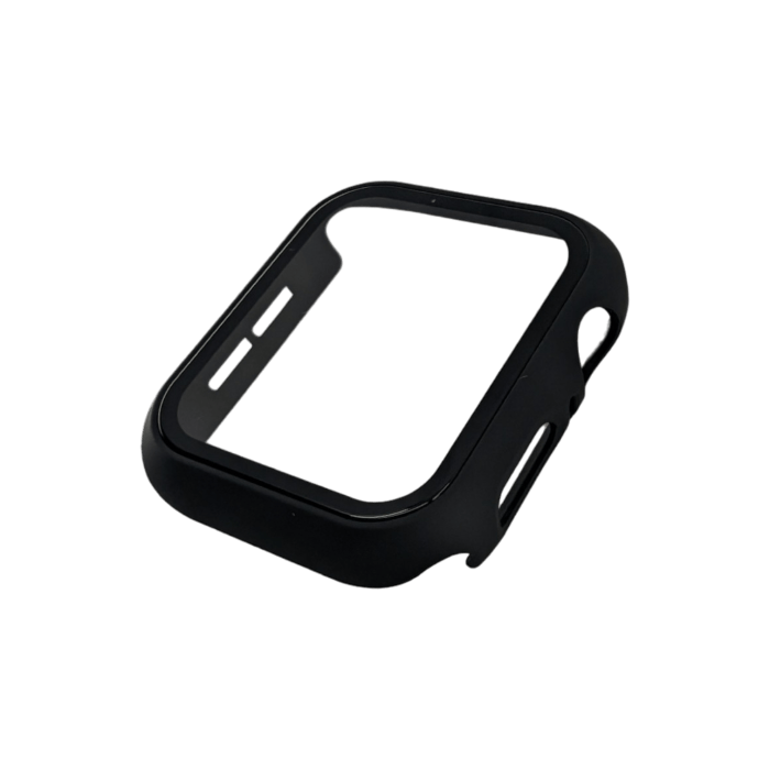 Introducing the Alpha Watch Cover for Apple Watches (38mm-49mm) - a sleek, black protective case that features precise cutouts for buttons and sensors. Inspired by the elegant designs found in Alpha Maui, this case is showcased from an angled front view, highlighting its smooth edges and impeccable detailing.