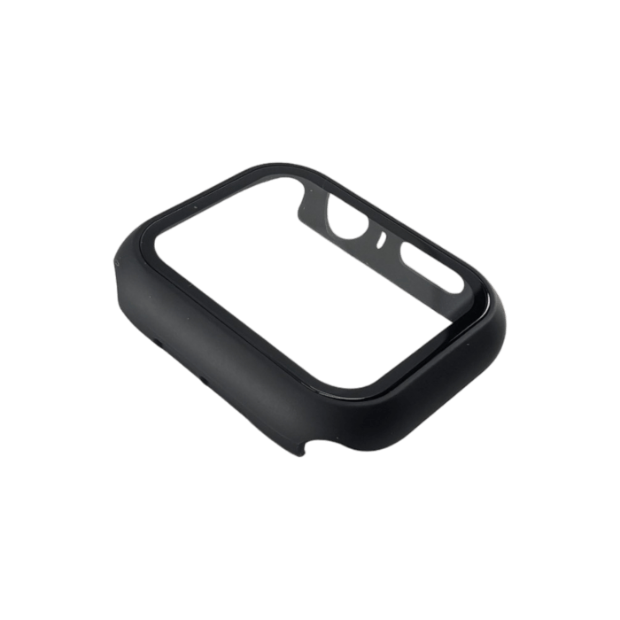 Introducing the Alpha Watch Cover for Apple Watches (38mm-49mm) in black, designed with a large cutout for the display and a smaller cutout for the side button. This case showcases an Alpha Maui-inspired design with a smooth, matte finish, offering robust protection for your device. Perfect for those who value their tech Ohana.