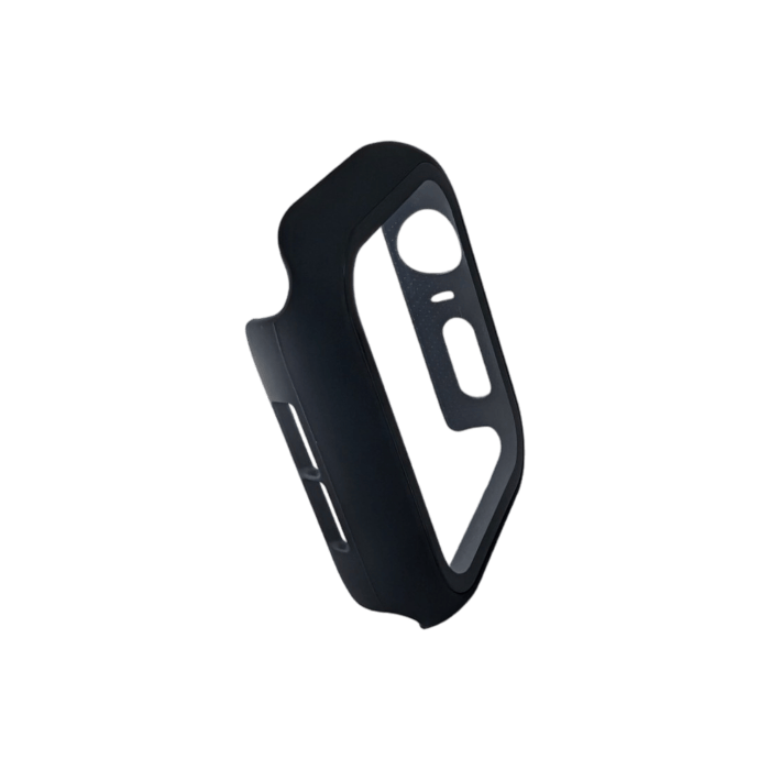 A black Alpha Watch Cover, featuring precise cutouts for the screen and buttons, is displayed against a plain white background. The cover appears to be made of a smooth, matte material and offers robust protective coverage for Apple Watches ranging from 38mm to 49mm—ideal for keeping your device safe during beach apparel outings in Hawaii.