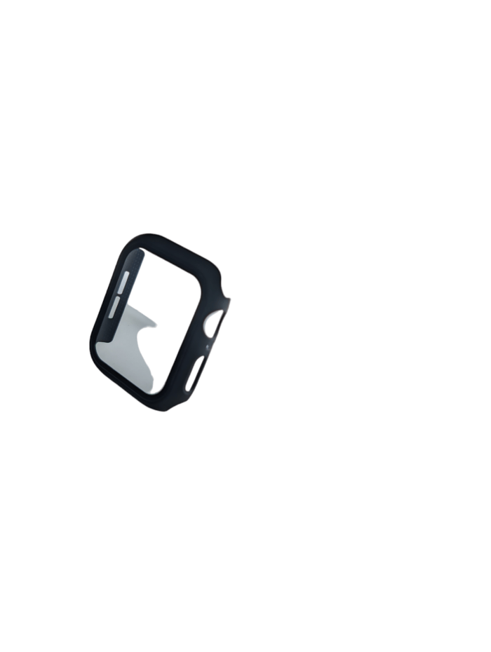 An Alpha Watch Cover, designed for Apple Watches ranging from 38mm to 49mm, is displayed against a plain white backdrop. The sleek black smartwatch case features a transparent front and precise cutouts on the sides for buttons and sensor access. It seamlessly complements your beach attire, ensuring you're prepared for any Ohana adventure in Hawaii.