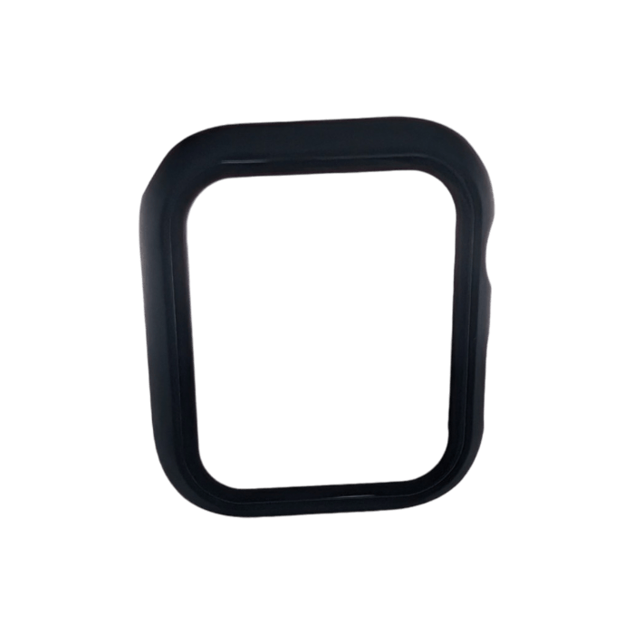 A black, square-shaped Alpha Watch Cover designed for Apple Watches (38mm-49mm) with rounded edges is set against a plain black background. The cover boasts a minimalistic design and appears to be made of a smooth material, reminiscent of the sleek elegance of premium beach apparel.