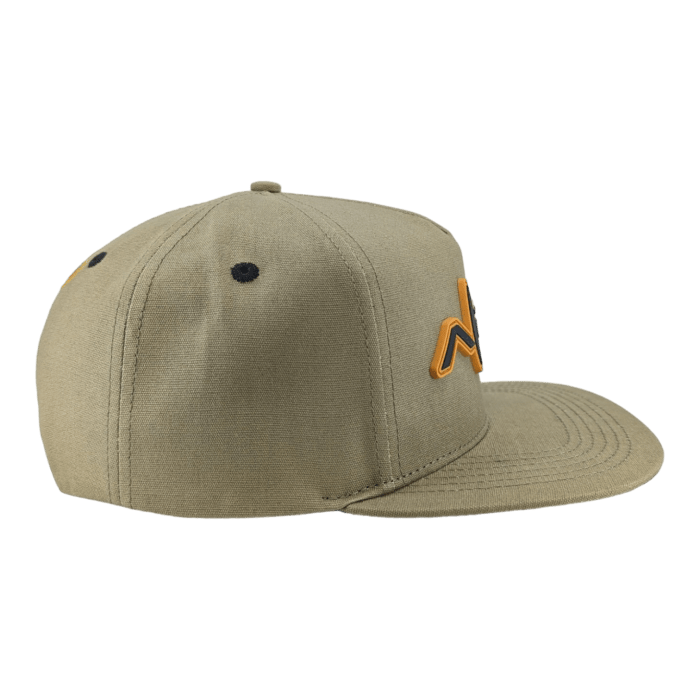 A side view of the khaki-colored Alpha Maui Coalition Forces baseball cap, showcasing its flat brim and detailed orange embroidery on the front. Black eyelets adorn the top panel, enhancing its stylish design against a black background. This Ohana-inspired accessory brings a touch of Aloha to any outfit.