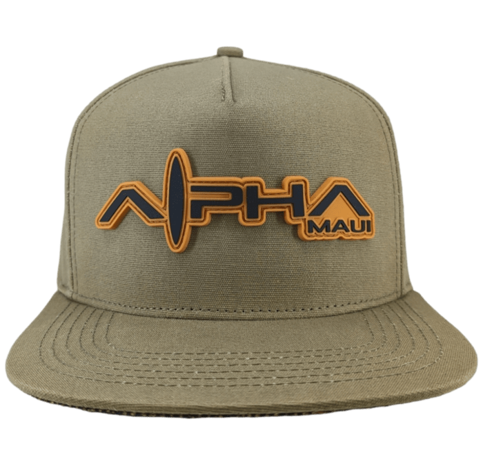 The Alpha Maui Coalition Forces gray baseball cap features the "Alpha Maui" logo embroidered on the front in black and orange lettering, with a stylized wave design within the word "Alpha." This flat-brim cap, complete with visible stitching details, is perfect for a day in Hawaii.