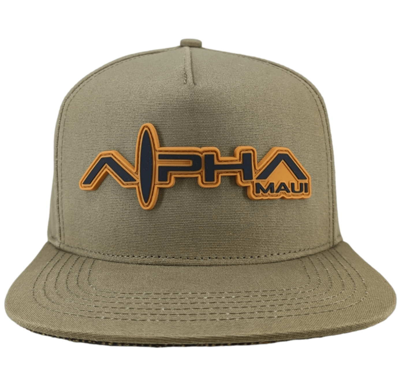 The Alpha Maui Coalition Forces gray baseball cap features the "Alpha Maui" logo embroidered on the front in black and orange lettering, with a stylized wave design within the word "Alpha." This flat-brim cap, complete with visible stitching details, is perfect for a day in Hawaii.