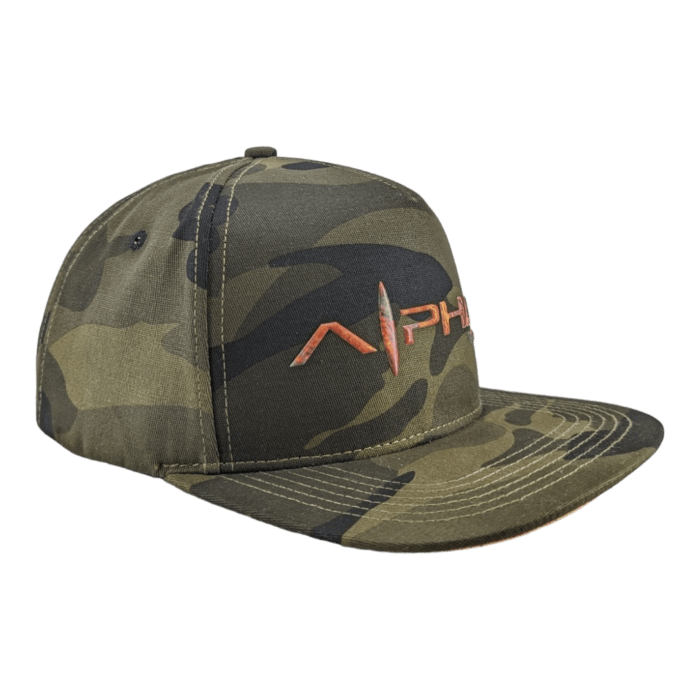 The Alpha Maui Coalition Forces snapback hat showcases a camouflage pattern and a flat brim, adorned with "Alpha Maui" in striking orange embroidery on the front. This hat features a structured crown and side ventilation eyelets, paired with a plain black background that pays homage to the Hawaiian spirit.