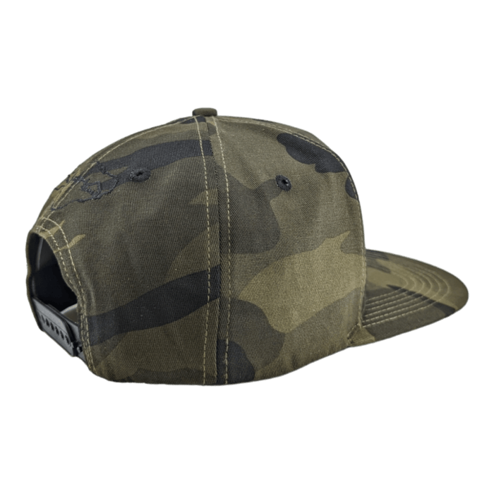 A snapback hat with a camouflage pattern is shown from the back, highlighting its adjustable strap and ventilation holes. The design features various shades of green, brown, and black. The black background accentuates the details of the Alpha Maui Coalition Forces hat.