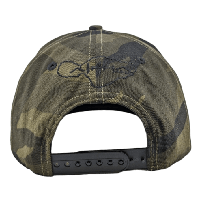 A camo-patterned cap viewed from the back shows a fish outline embroidered above the adjustable black strap closure. Perfect for beach apparel, this Alpha Maui Coalition Forces cap features dark green and brown shades blending in a camouflage design, capturing the spirit of Hawaii's rugged landscapes.