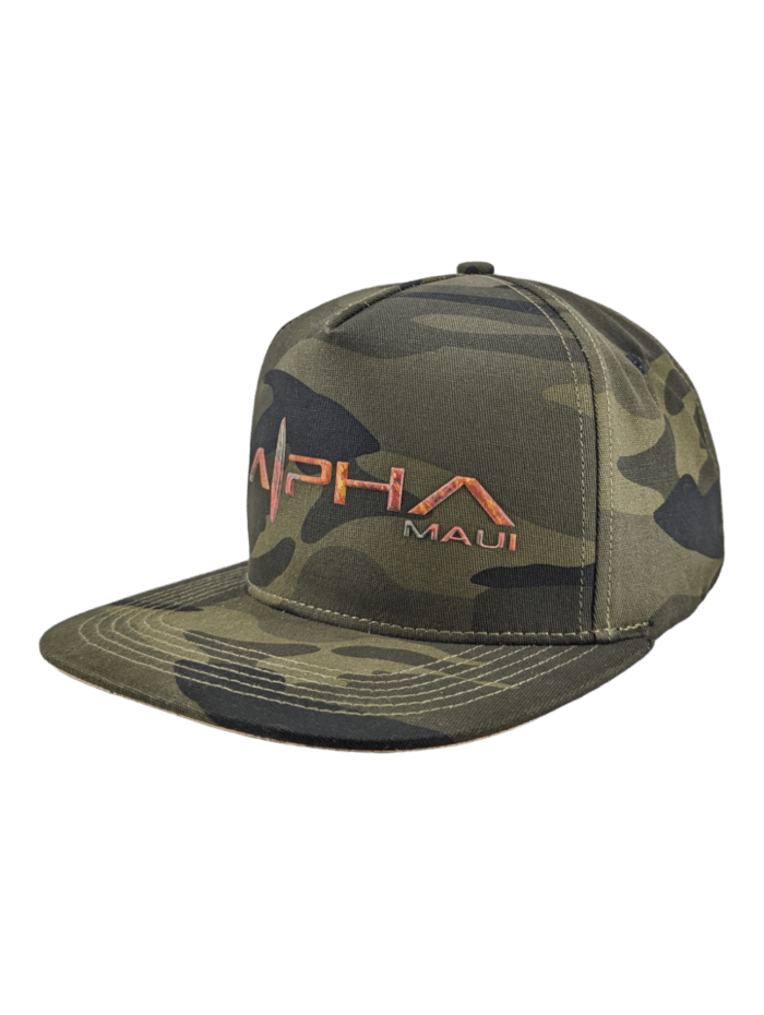 An Alpha Maui Coalition Forces baseball cap featuring a camouflage pattern with the text "Alpha Maui" embroidered in vibrant orange and red on the front. This cap boasts a flat brim and a structured crown, blending shades of green, brown, and black, making it an ideal addition to your beach apparel collection.