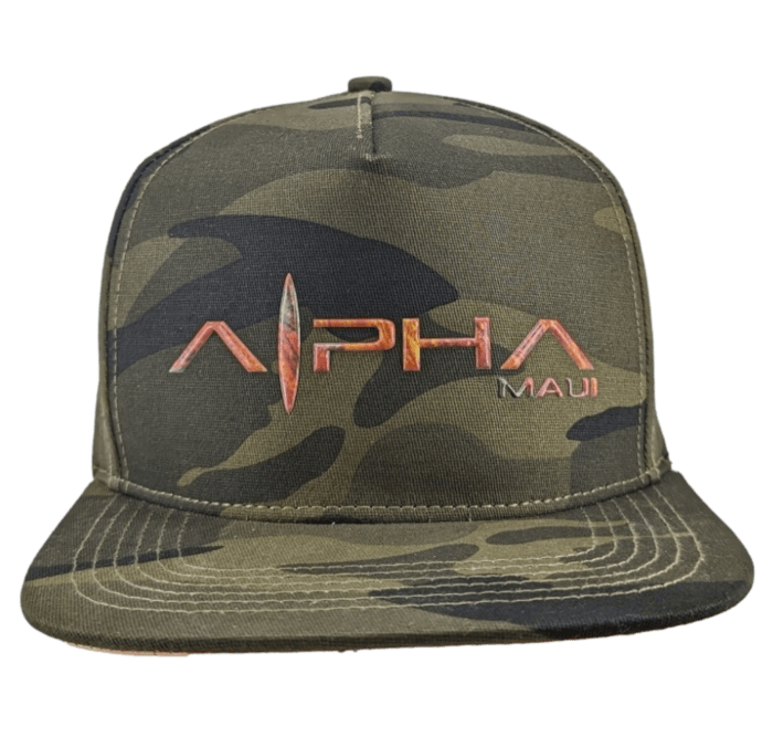 The Alpha Maui Ranger-1 is a camouflage-patterned baseball cap featuring "Alpha Maui, Aloha" embroidered on the front in a colorful, gradient font, perfectly capturing the vibrant spirit of Hawaii.