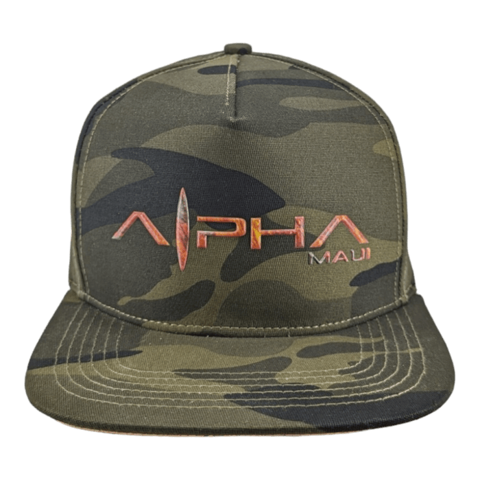 The Alpha Maui Coalition Forces baseball cap features a camouflage pattern design with the "Alpha Maui" logo text embroidered on the front in a striking red and orange gradient. The letter "L," styled as a surfboard, adds a beachwear touch, perfect for embodying that laid-back Hawaii vibe.