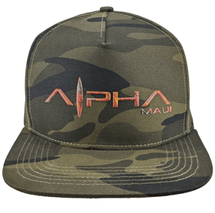 Introducing the "Alpha Maui Coalition Forces" hat: a camouflage trucker cap adorned with the words “Alpha Maui” embroidered in an eye-catching orange and purple gradient on the front panel. The "A" in "Alpha" is designed to look like a surfboard, infusing the hat with Hawaii's Aloha spirit. With its flat brim, this cap is perfect for any outdoor adventure with your Ohana.