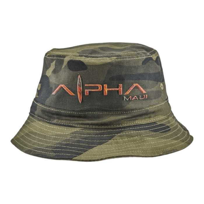 A camouflage bucket hat showcasing the "Alpha Maui Coalition Forces" logo in red, futuristic-style text, embodying the spirit of Aloha.